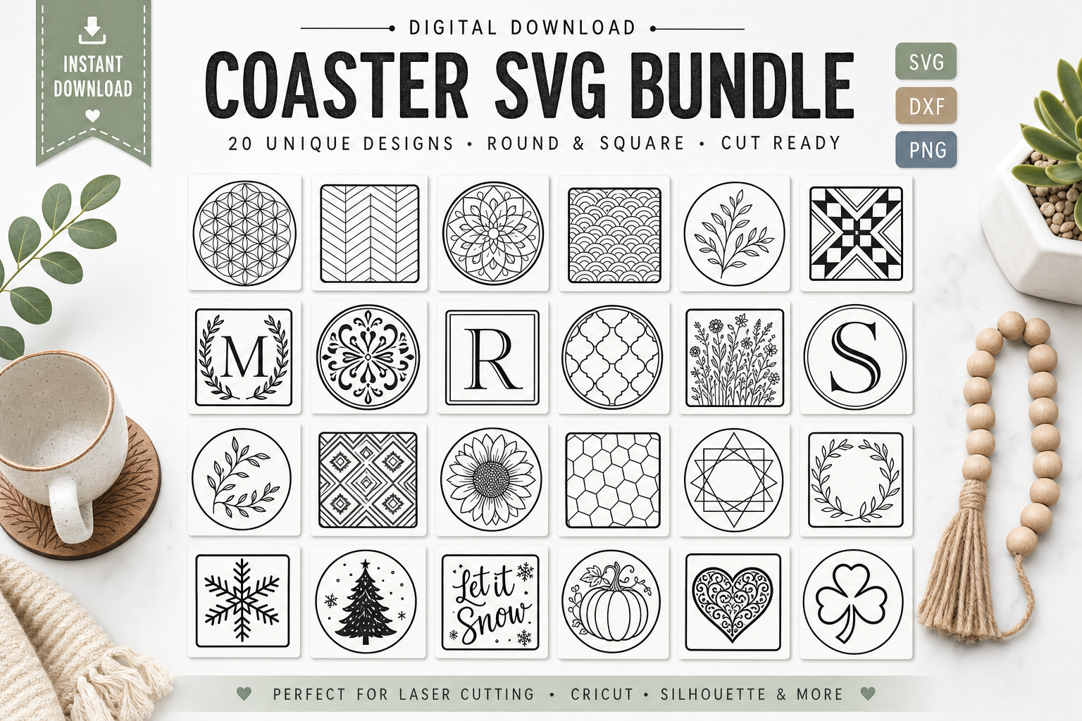 Coaster SVG Bundle - instant digital download, SVG DXF PNG
