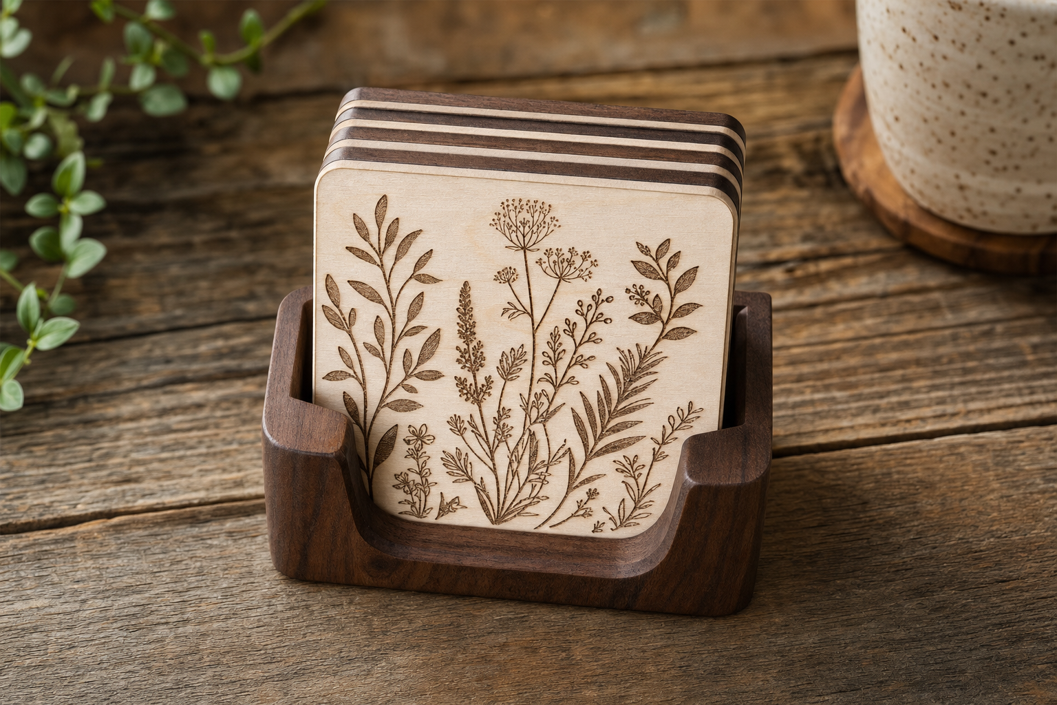 Engraved Wood Coaster Set (4) with Holder