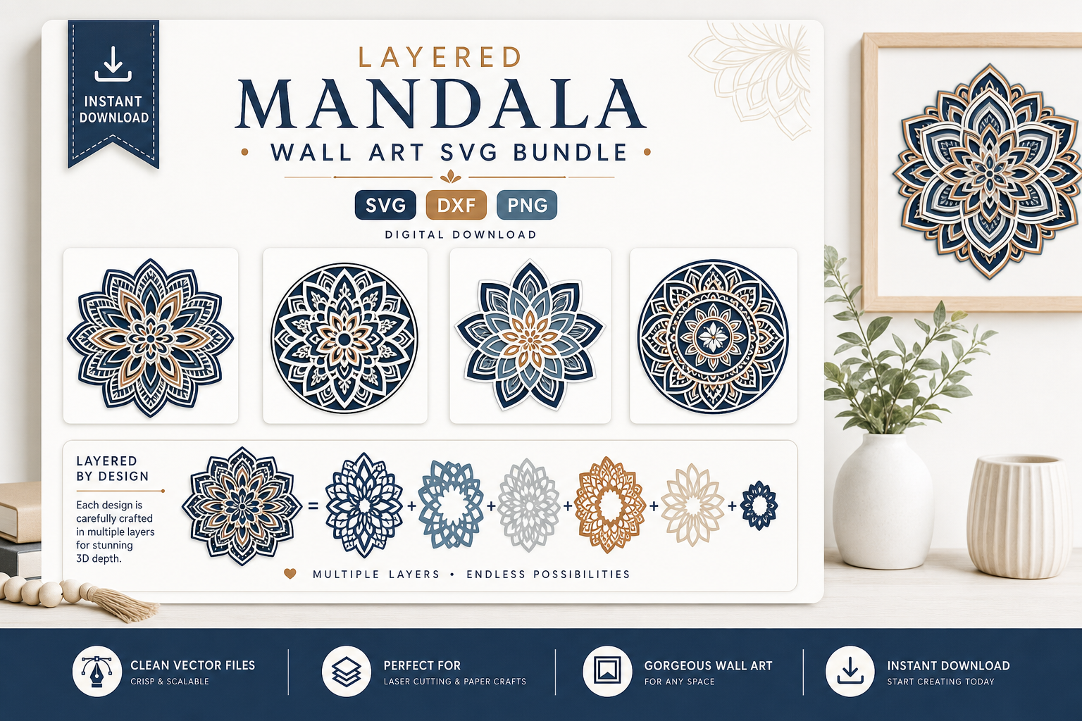 Layered Mandala Wall Art SVG Bundle - instant digital download, SVG DXF PNG
