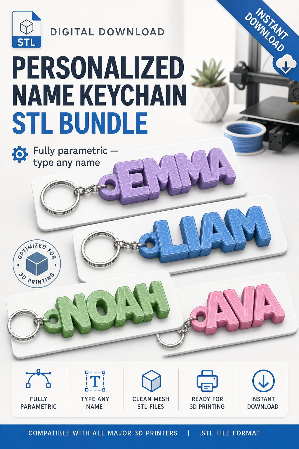 Personalized Name Keychain STL Bundle - instant digital download, parametric STL files