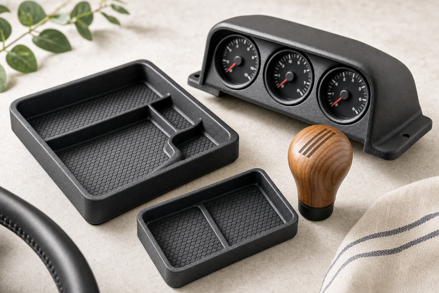 Custom 3D printed and laser-cut vehicle accessories set